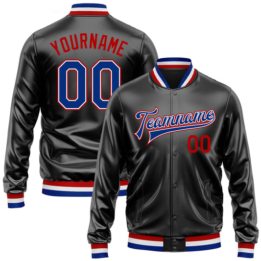 Custom Black Royal-Red Bomber Full-Snap Varsity Faux Leather Letterman Jacket - Main View