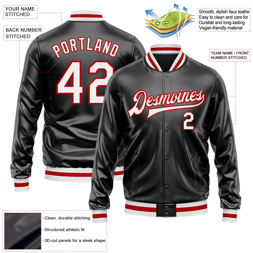 Custom Black White-Red Bomber Full-Snap Varsity Faux Leather Letterman Jacket view 2