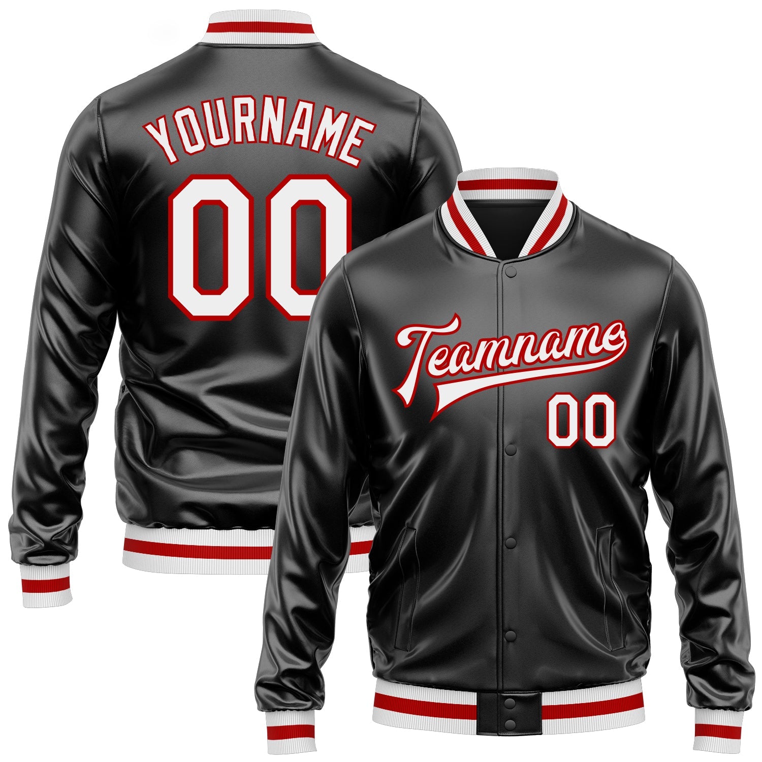 Custom Black White-Red Bomber Full-Snap Varsity Faux Leather Letterman Jacket - Main View