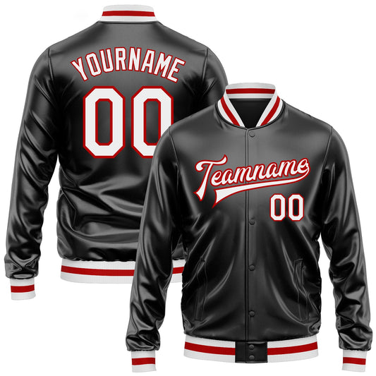 Custom Black White-Red Bomber Full-Snap Varsity Faux Leather Letterman Jacket - Main View