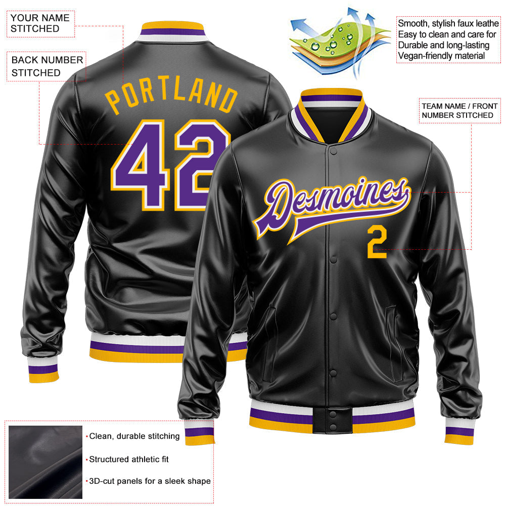 Custom Black Purple-Gold Bomber Full-Snap Varsity Faux Leather Letterman Jacket view 2
