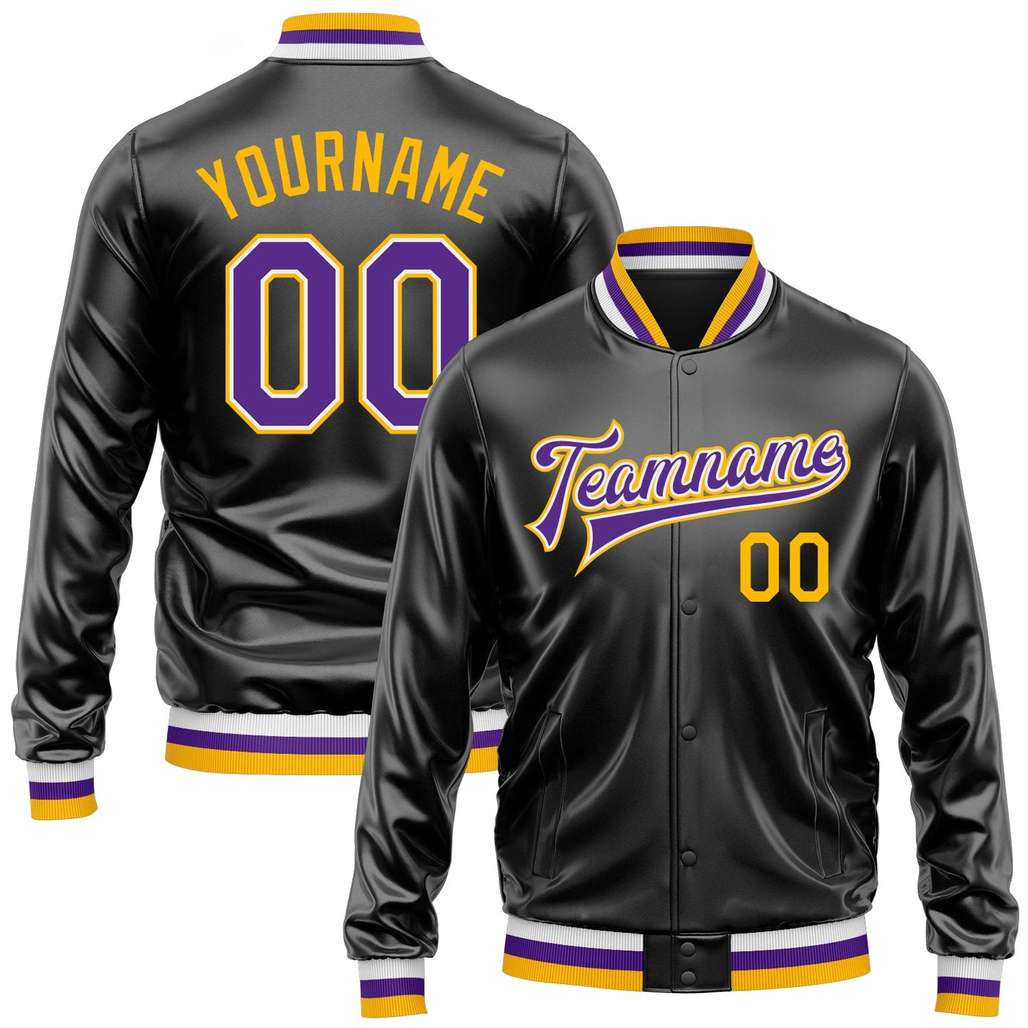 Custom Black Purple-Gold Bomber Full-Snap Varsity Faux Leather Letterman Jacket - Main View