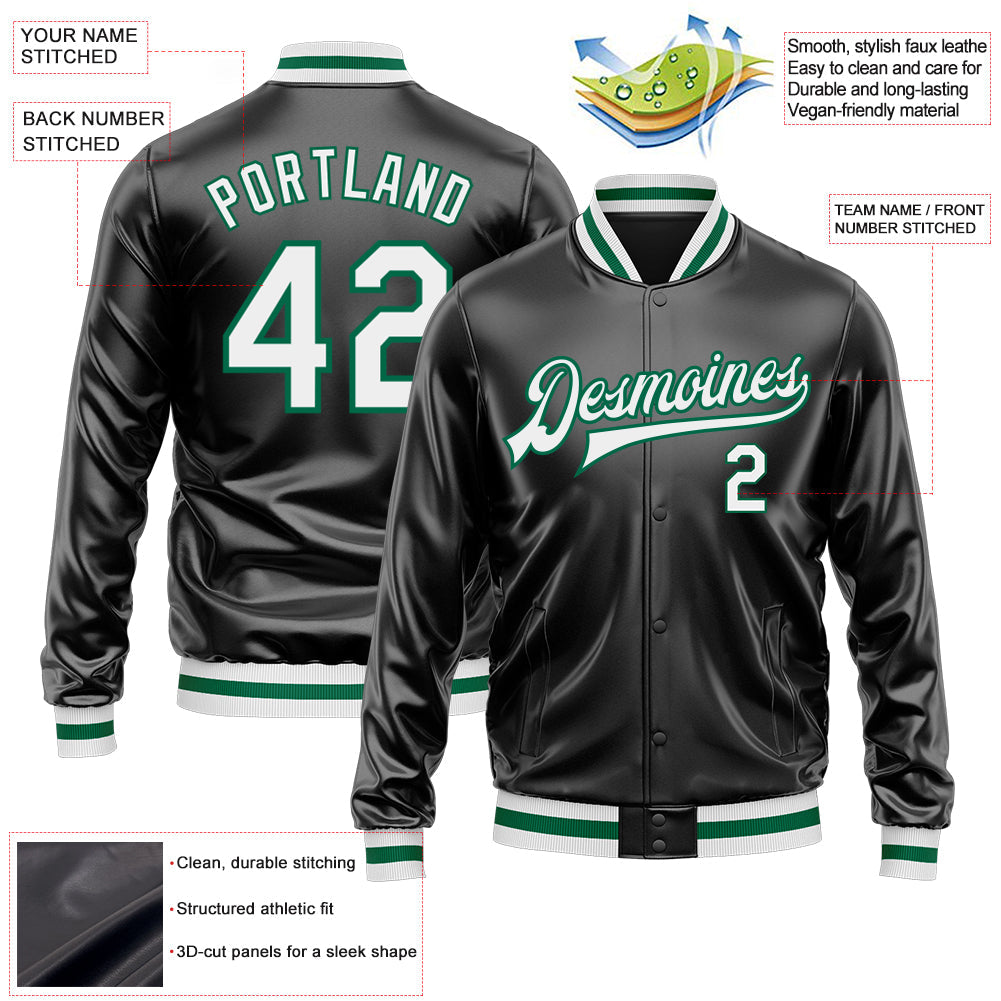 Custom Black White-Kelly Green Bomber Full-Snap Varsity Faux Leather Letterman Jacket view 2