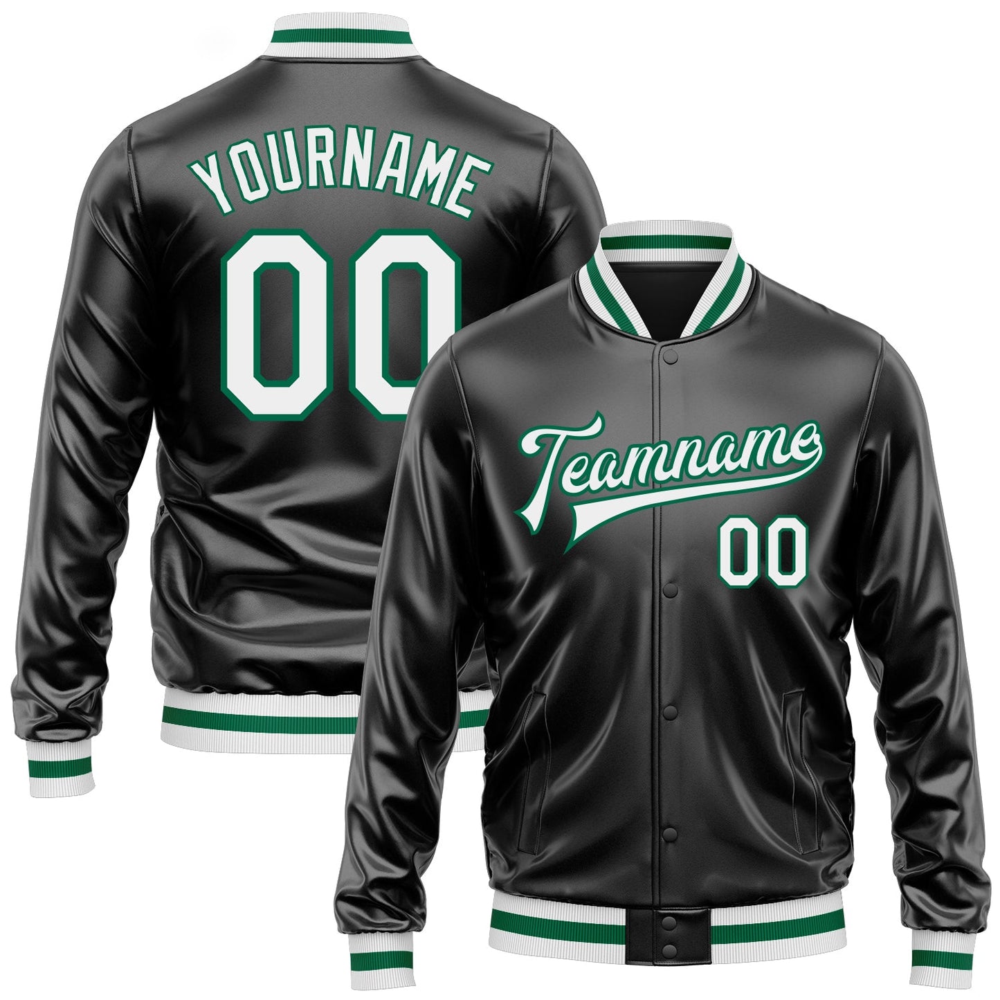 Custom Black White-Kelly Green Bomber Full-Snap Varsity Faux Leather Letterman Jacket - Main View