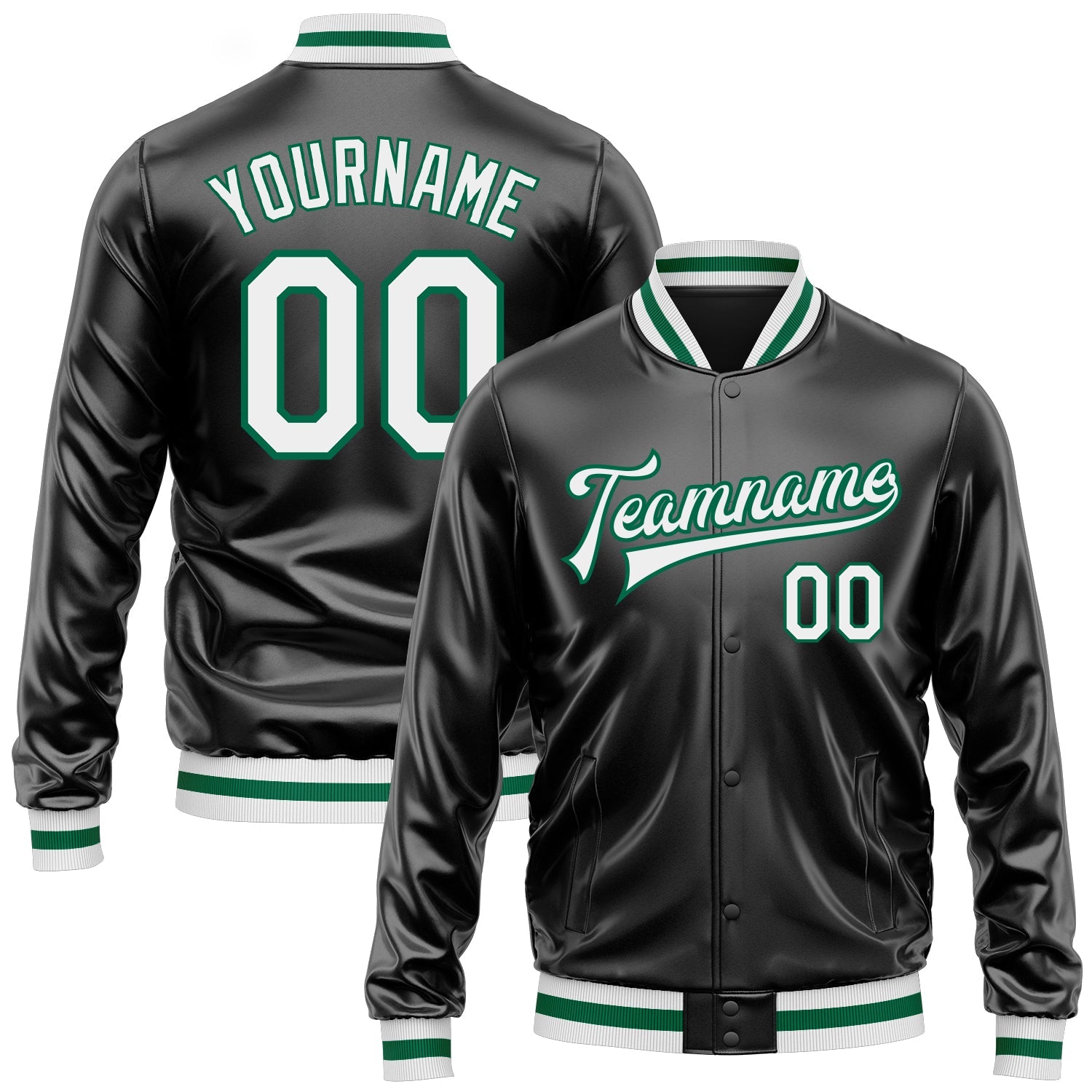 Custom Black White-Kelly Green Bomber Full-Snap Varsity Faux Leather Letterman Jacket - Main View