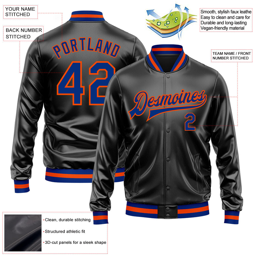 Custom Black Royal-Orange Bomber Full-Snap Varsity Faux Leather Letterman Jacket view 2