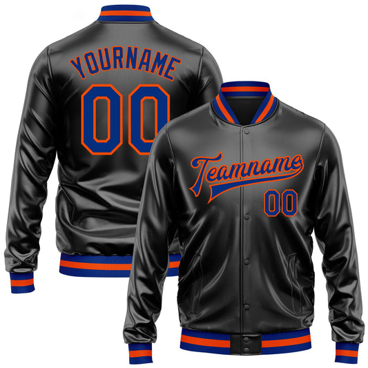 Custom Black Royal-Orange Bomber Full-Snap Varsity Faux Leather Letterman Jacket - Main View