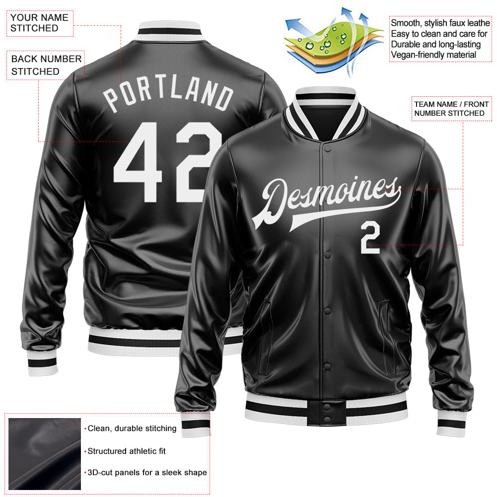 Custom Black White Bomber Full-Snap Varsity Faux Leather Letterman Jacket view 2