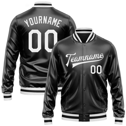 Custom Black White Bomber Full-Snap Varsity Faux Leather Letterman Jacket - Main View