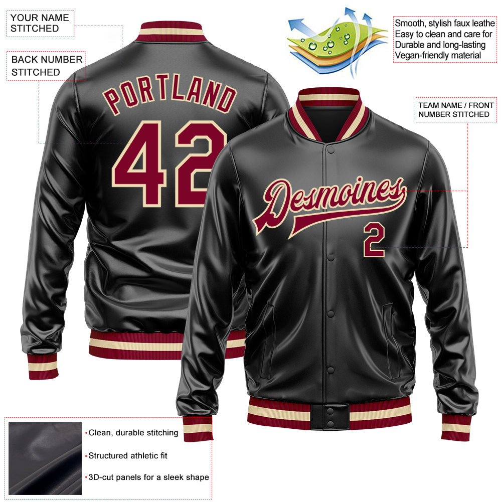 Custom Black Maroon-Cream Bomber Full-Snap Varsity Faux Leather Letterman Jacket view 2