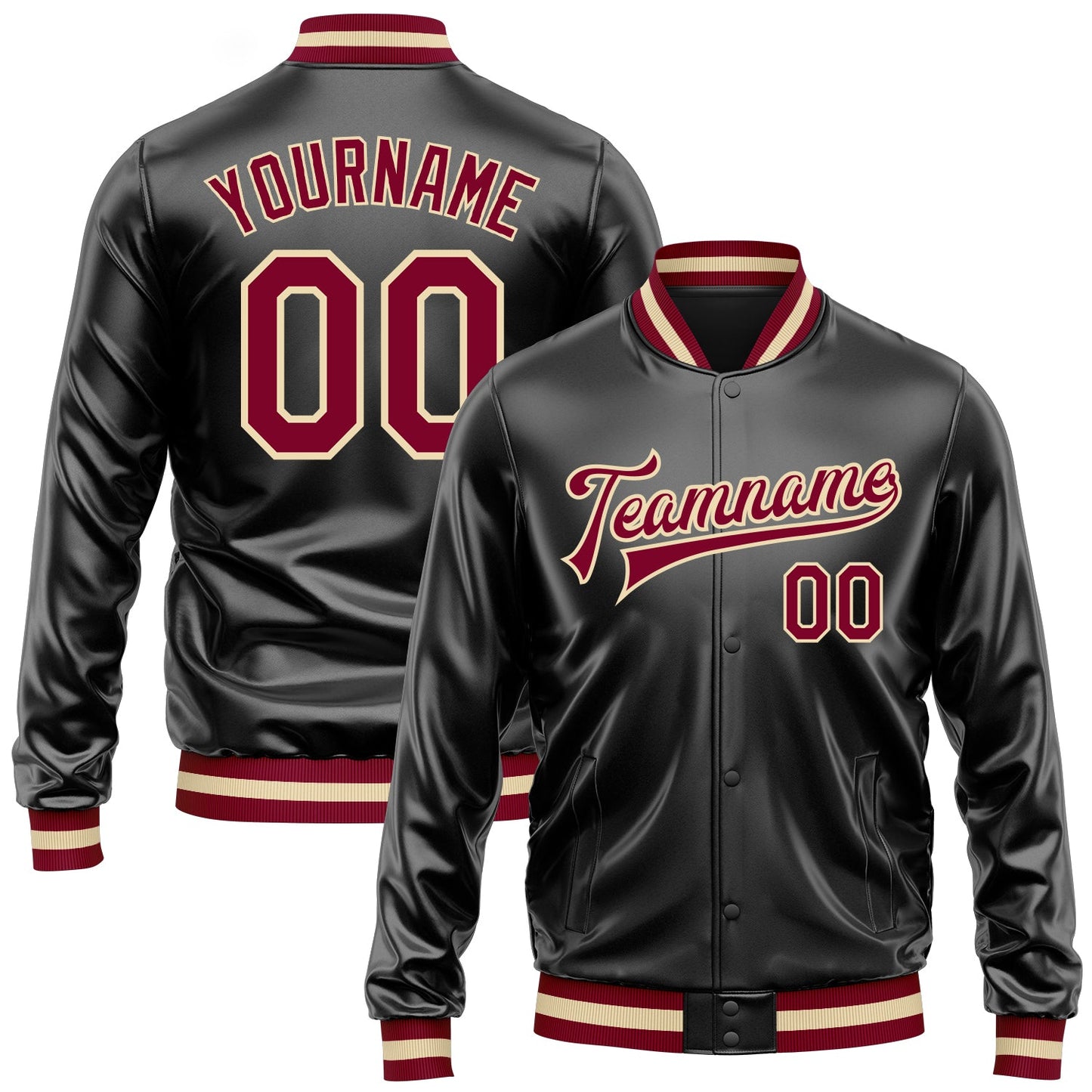 Custom Black Maroon-Cream Bomber Full-Snap Varsity Faux Leather Letterman Jacket - Main View