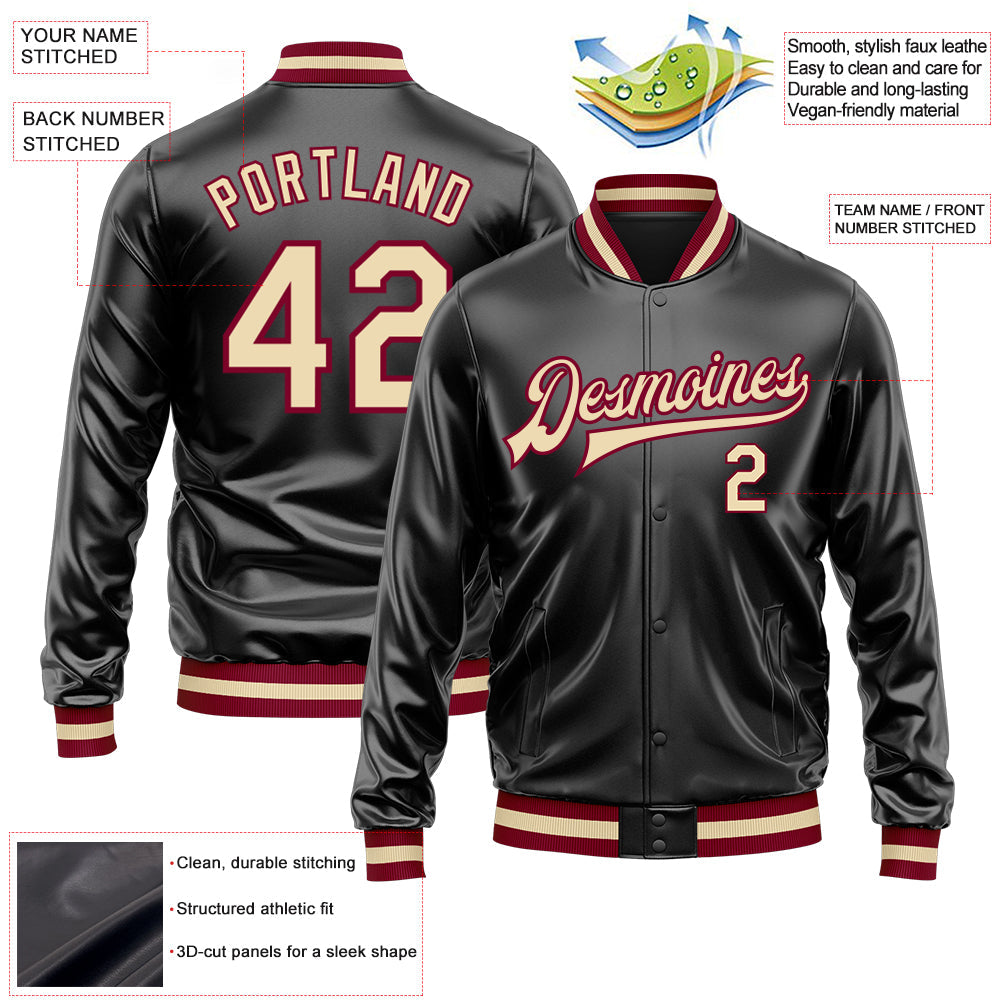 Custom Black Cream-Maroon Bomber Full-Snap Varsity Faux Leather Letterman Jacket view 2