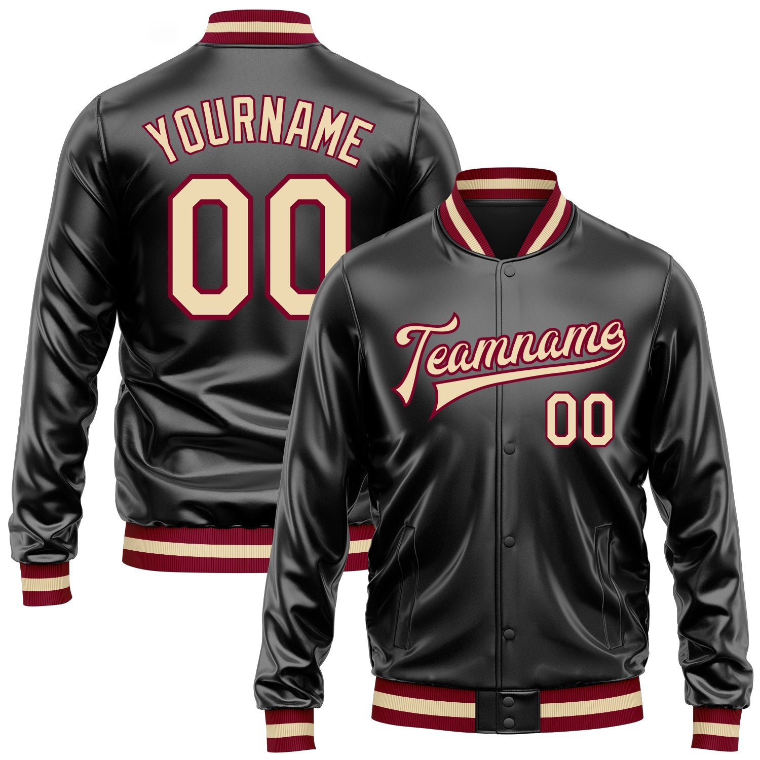 Custom Black Cream-Maroon Bomber Full-Snap Varsity Faux Leather Letterman Jacket - Main View