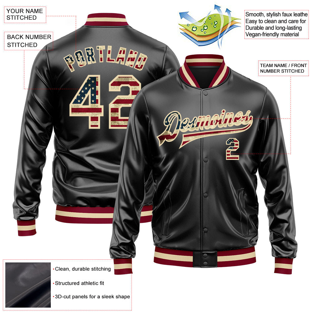 Custom Black Vintage USA Flag-Cream Bomber Full-Snap Varsity Faux Leather Letterman Jacket view 2
