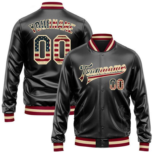 Custom Black Vintage USA Flag-Cream Bomber Full-Snap Varsity Faux Leather Letterman Jacket - Main View