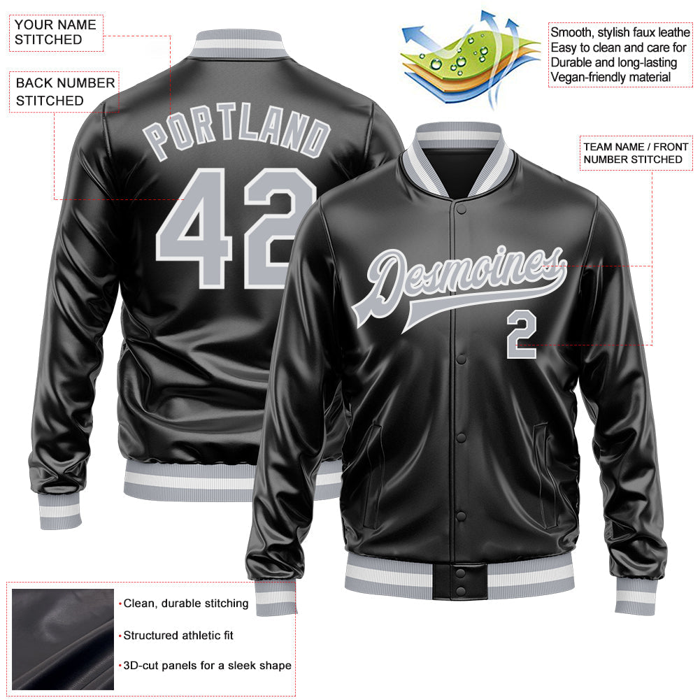 Custom Black Gray-White Bomber Full-Snap Varsity Faux Leather Letterman Jacket view 2