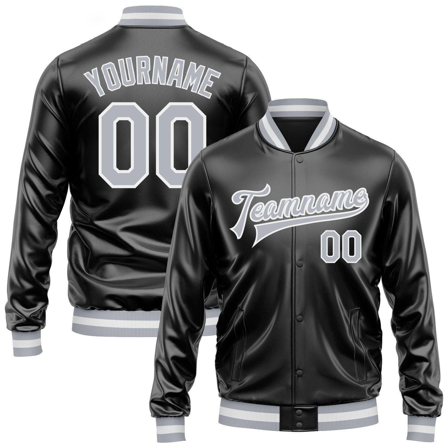 Custom Black Gray-White Bomber Full-Snap Varsity Faux Leather Letterman Jacket - Main View