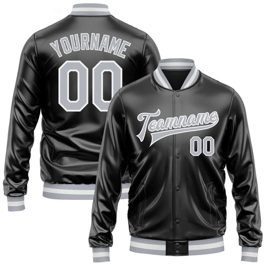 Custom Black Gray-White Bomber Full-Snap Varsity Faux Leather Letterman Jacket - Main View