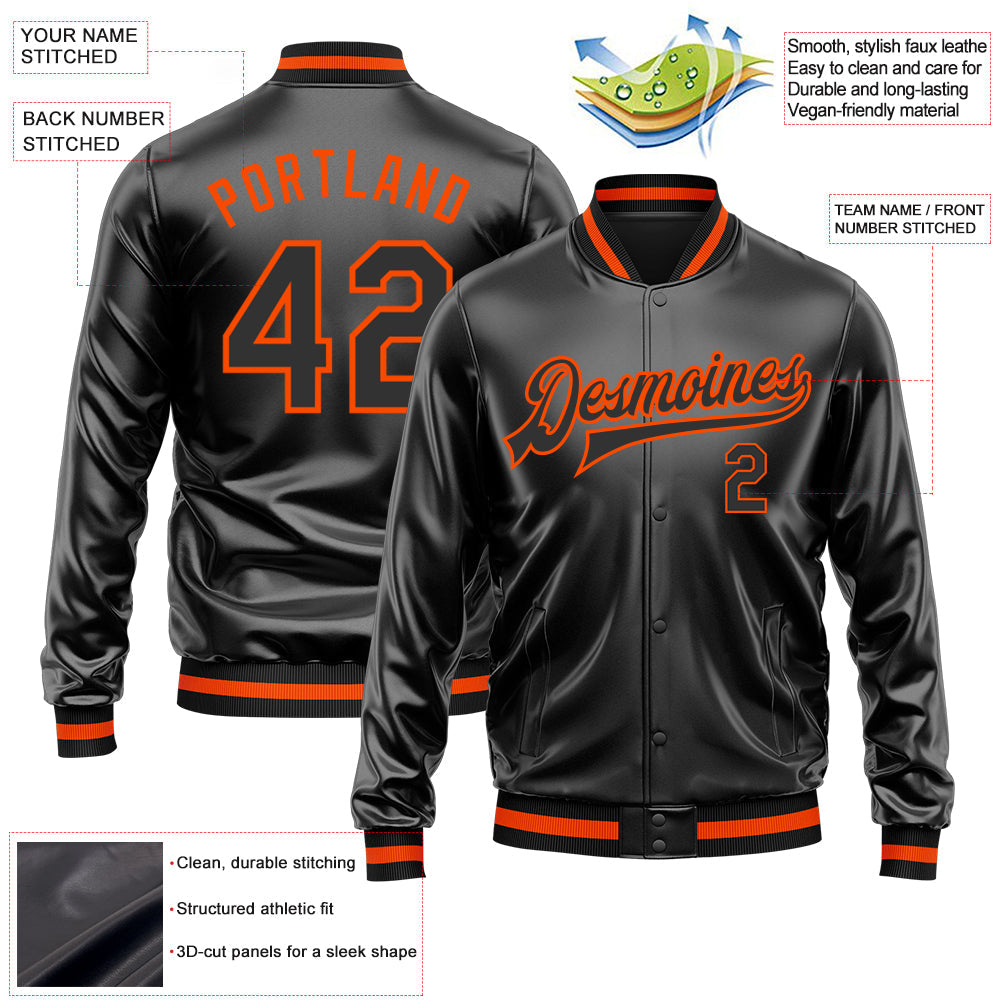 Custom Black Black-Orange Bomber Full-Snap Varsity Faux Leather Letterman Jacket view 2