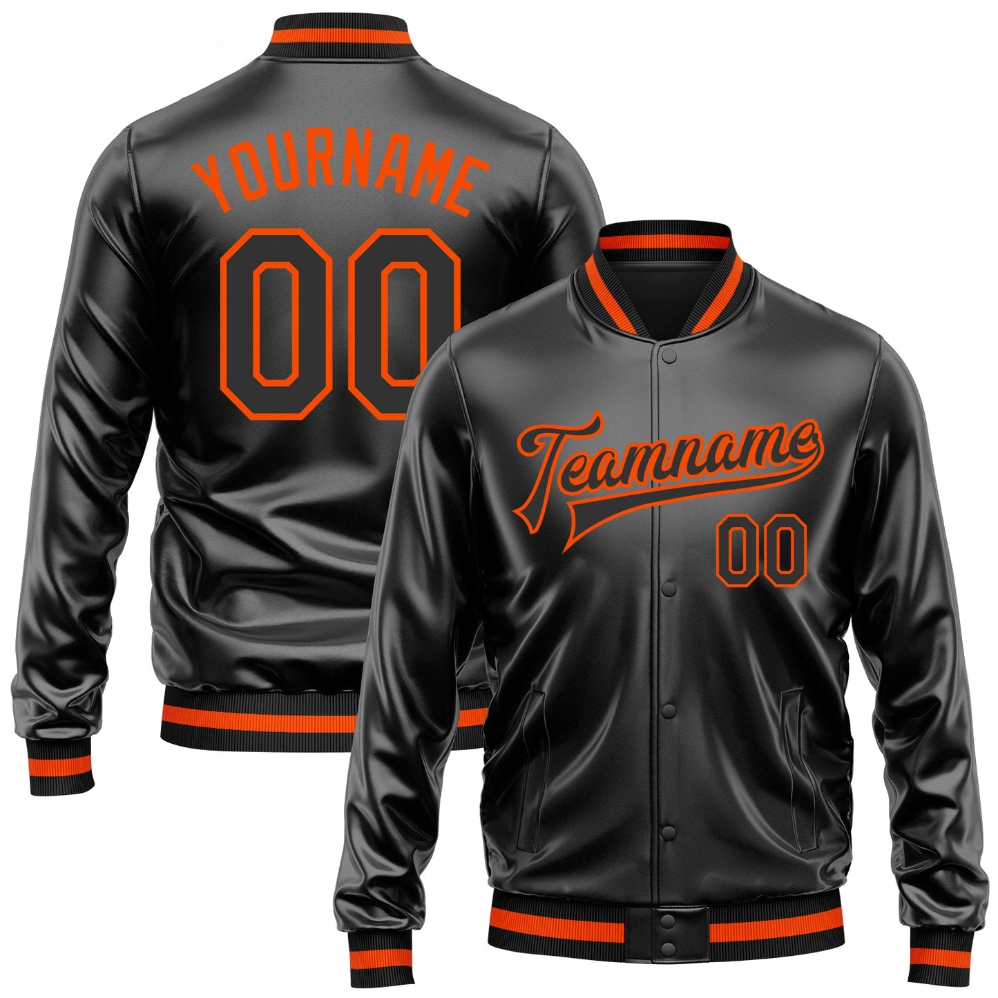 Custom Black Black-Orange Bomber Full-Snap Varsity Faux Leather Letterman Jacket - Main View