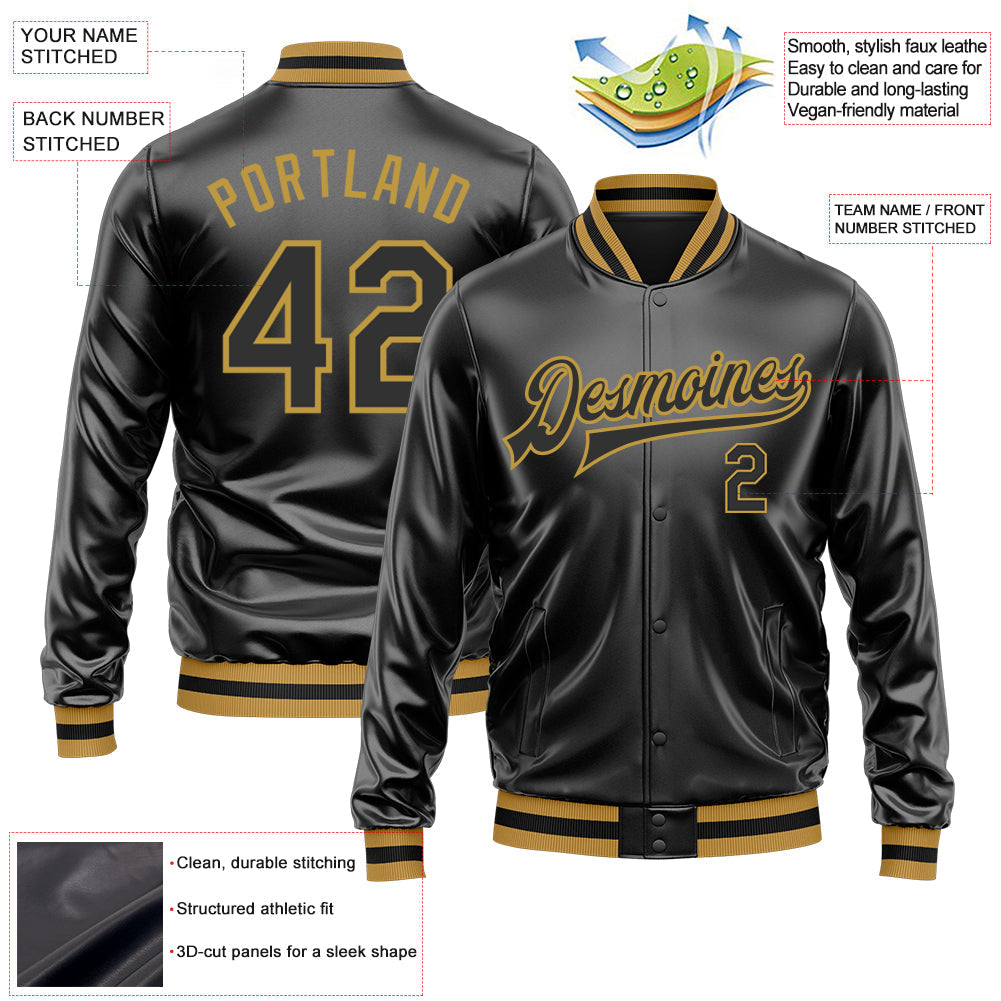 Custom Black Black-Old Gold Bomber Full-Snap Varsity Faux Leather Letterman Jacket view 2