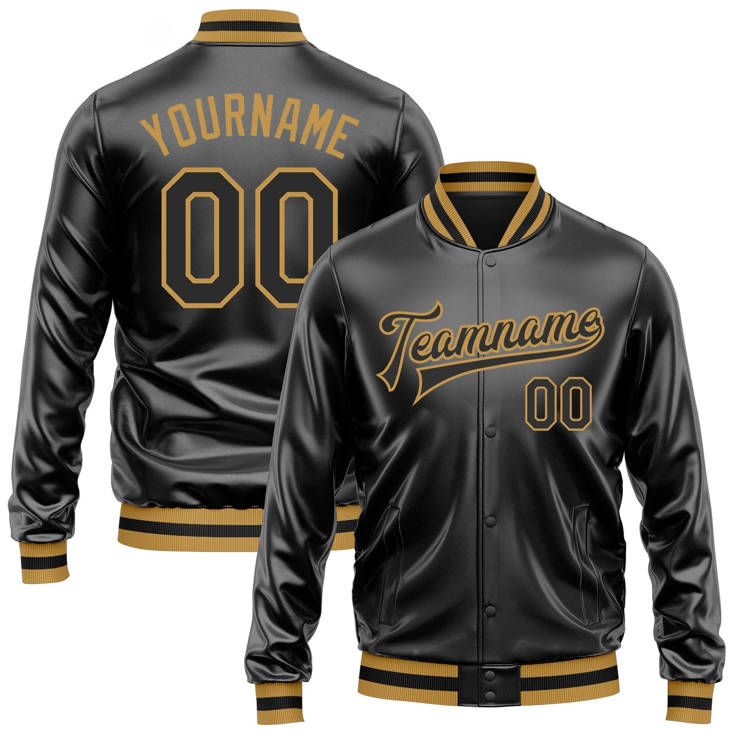 Custom Black Black-Old Gold Bomber Full-Snap Varsity Faux Leather Letterman Jacket - Main View