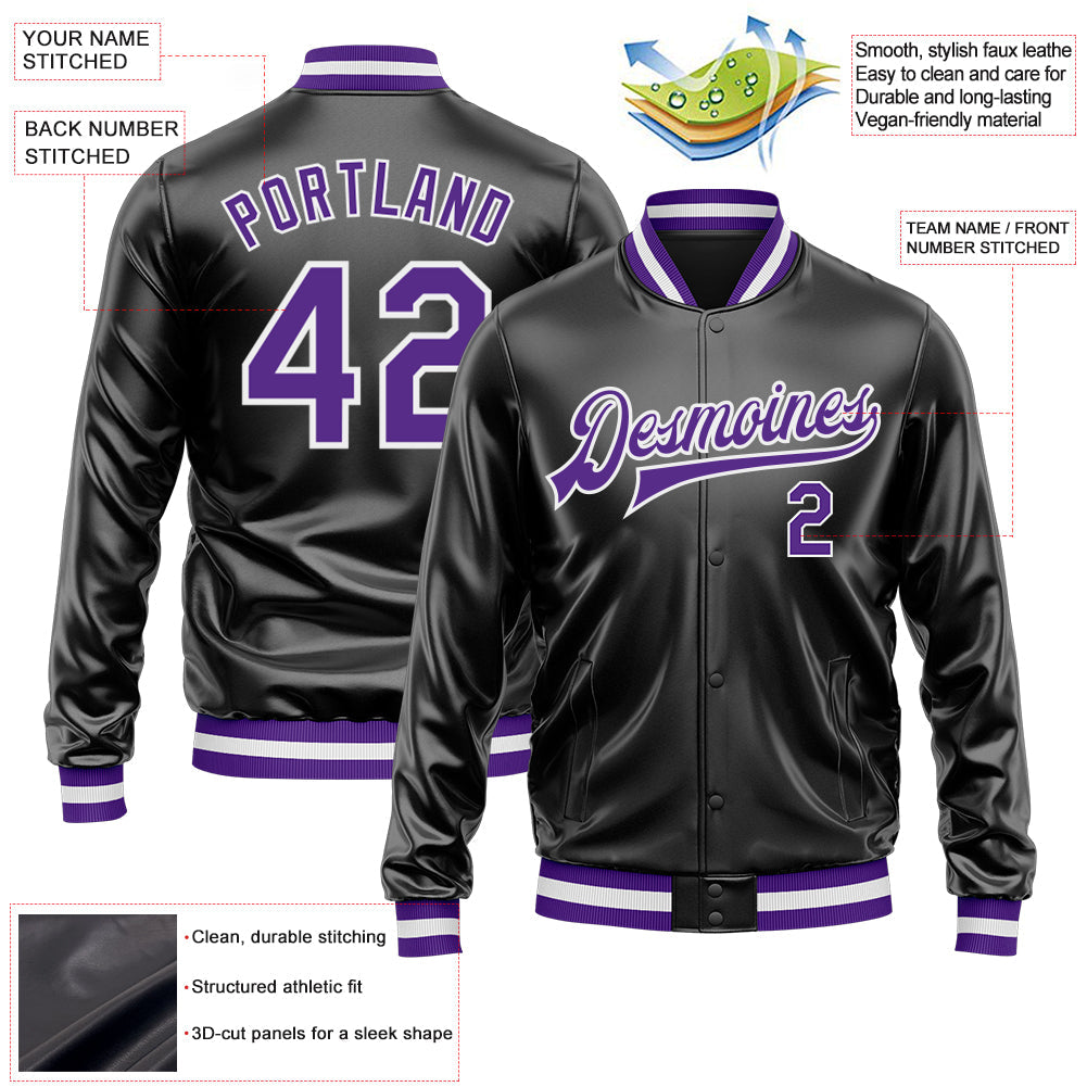 Custom Black Purple-White Bomber Full-Snap Varsity Faux Leather Letterman Jacket view 2
