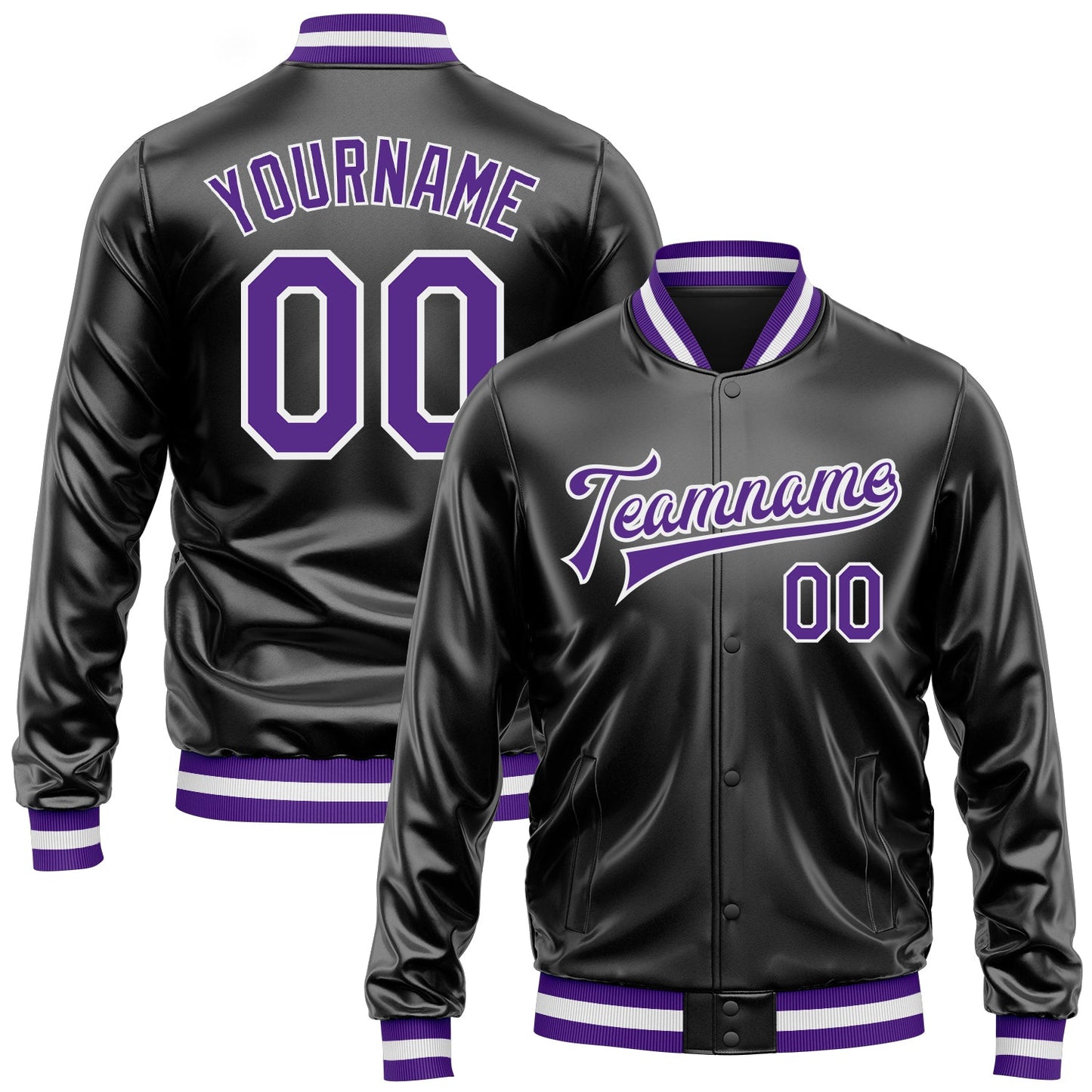 Custom Black Purple-White Bomber Full-Snap Varsity Faux Leather Letterman Jacket - Main View