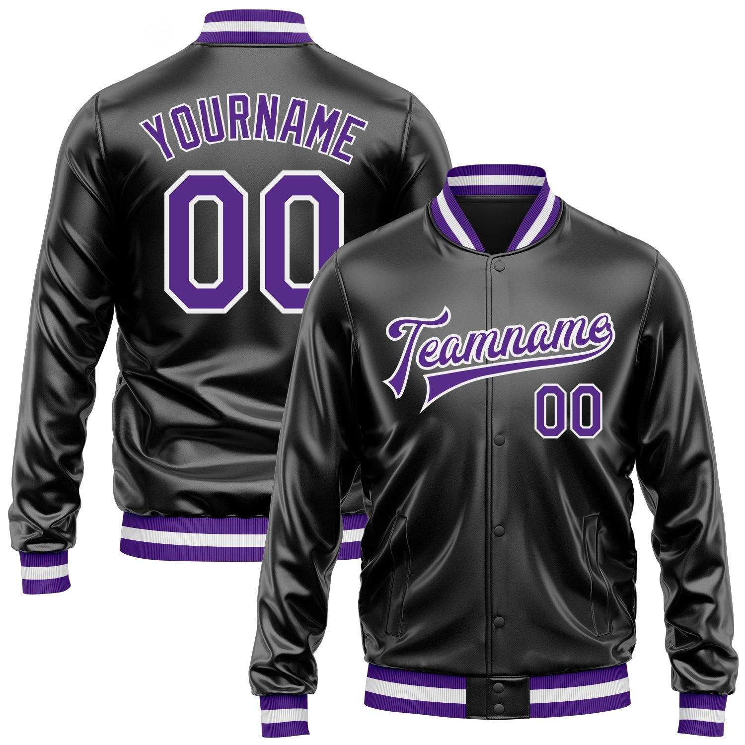 Custom Black Purple-White Bomber Full-Snap Varsity Faux Leather Letterman Jacket - Main View
