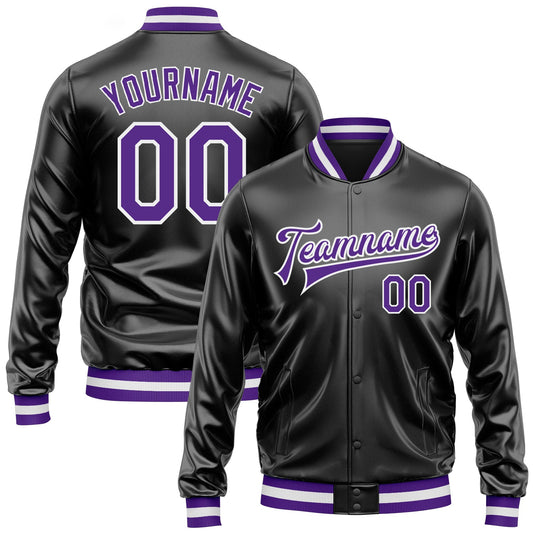 Custom Black Purple-White Bomber Full-Snap Varsity Faux Leather Letterman Jacket - Main View