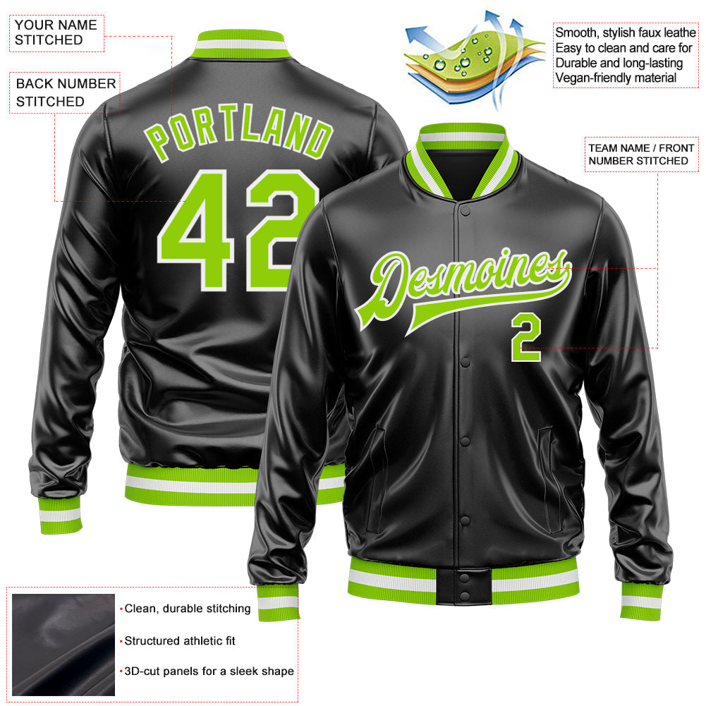 Custom Black Neon Green-White Bomber Full-Snap Varsity Faux Leather Letterman Jacket view 2