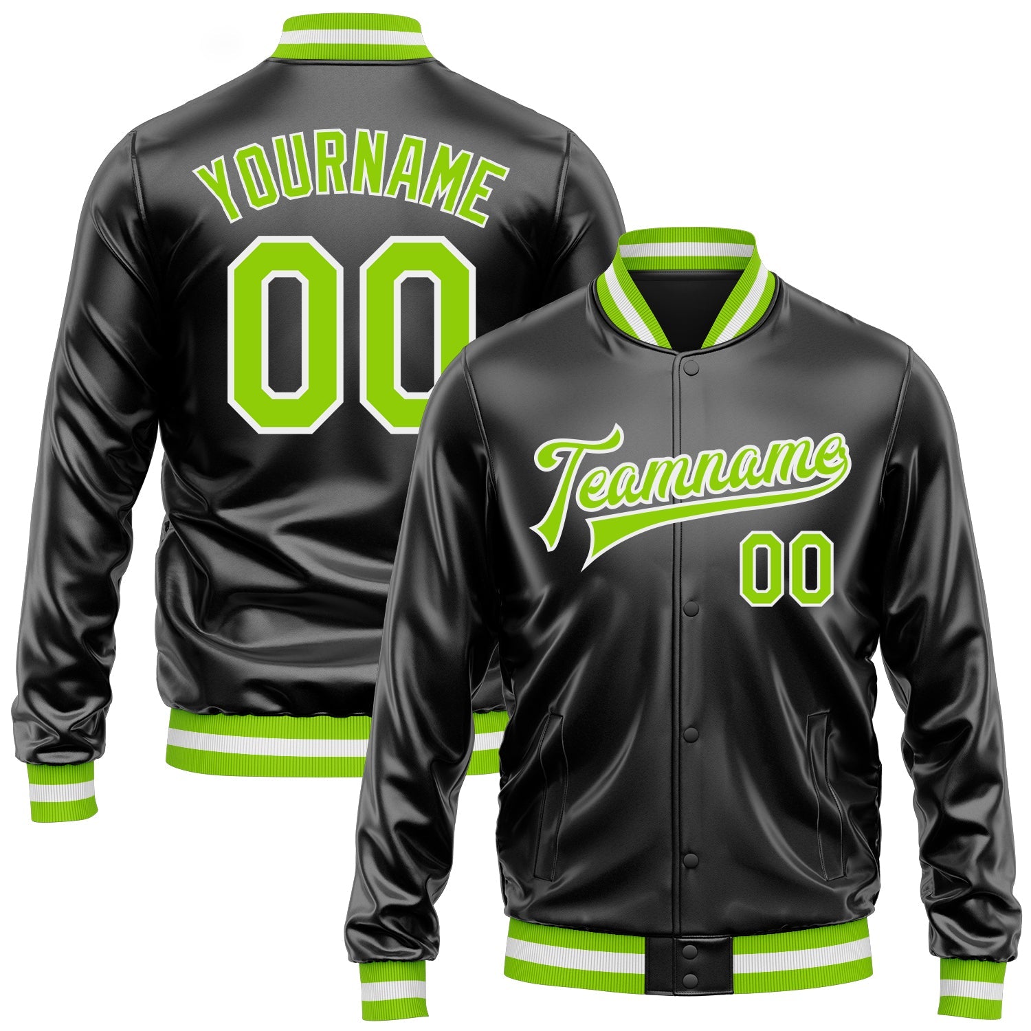 Custom Black Neon Green-White Bomber Full-Snap Varsity Faux Leather Letterman Jacket - Main View