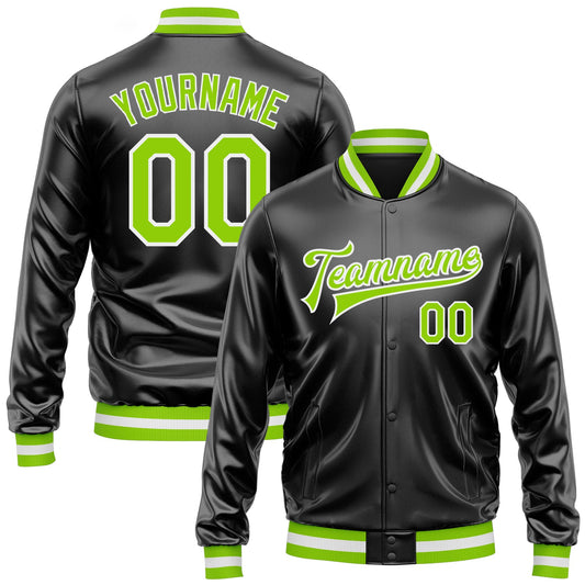 Custom Black Neon Green-White Bomber Full-Snap Varsity Faux Leather Letterman Jacket - Main View