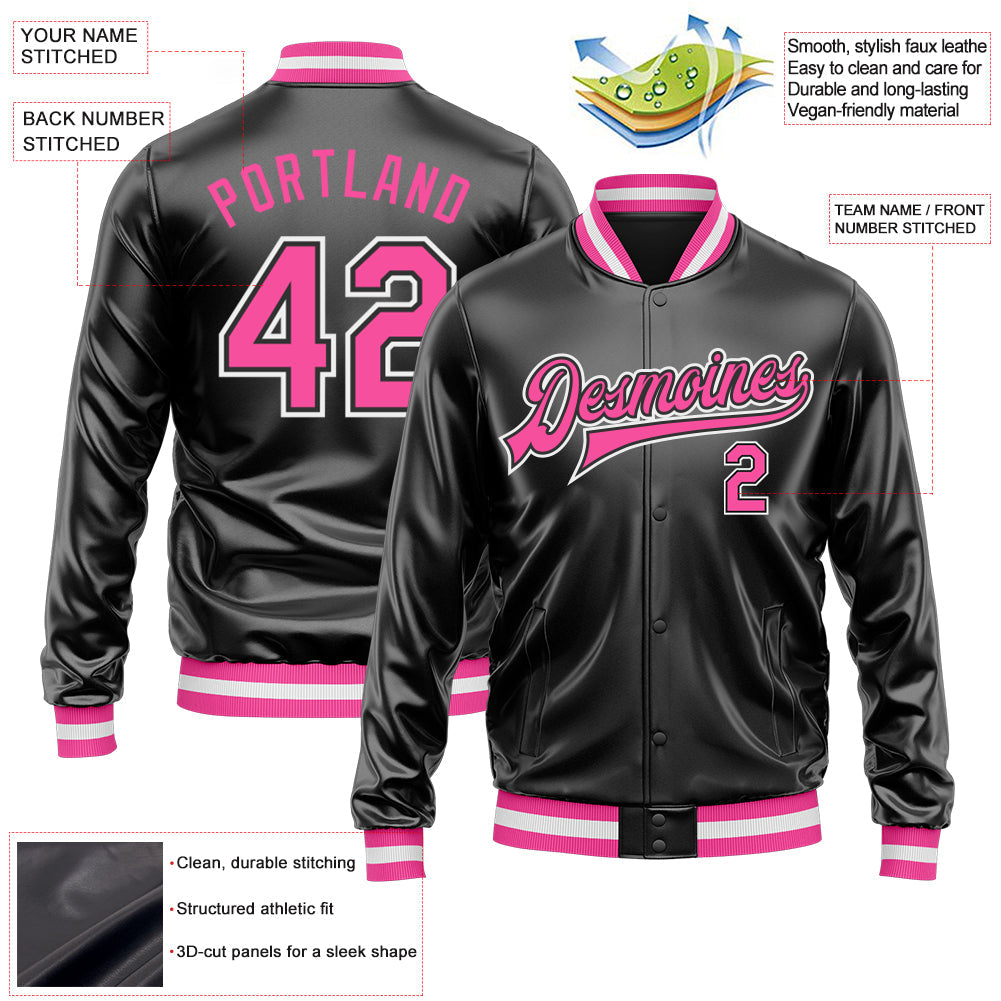 Custom Black Pink-White Bomber Full-Snap Varsity Faux Leather Letterman Jacket view 2