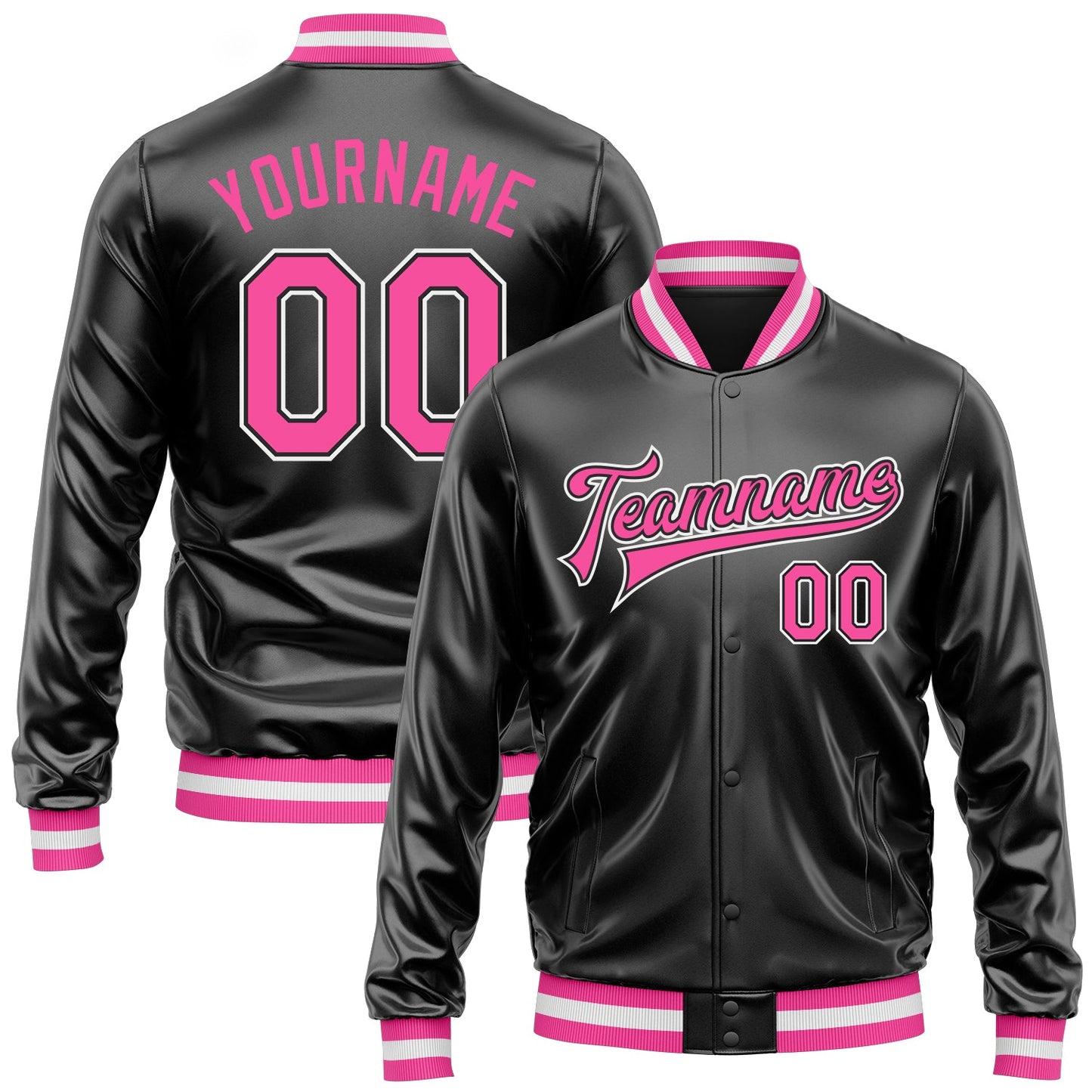 Custom Black Pink-White Bomber Full-Snap Varsity Faux Leather Letterman Jacket - Main View