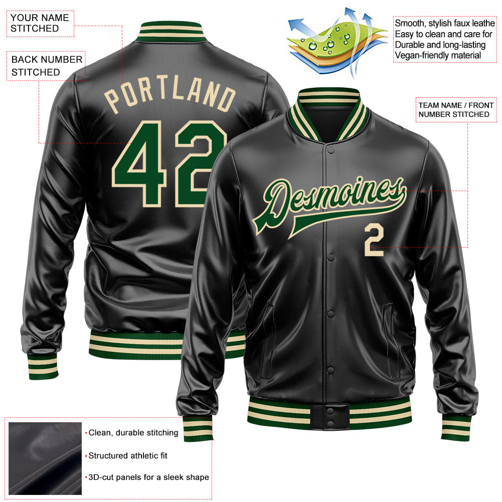 Custom Black Green-Cream Bomber Full-Snap Varsity Faux Leather Letterman Jacket view 2