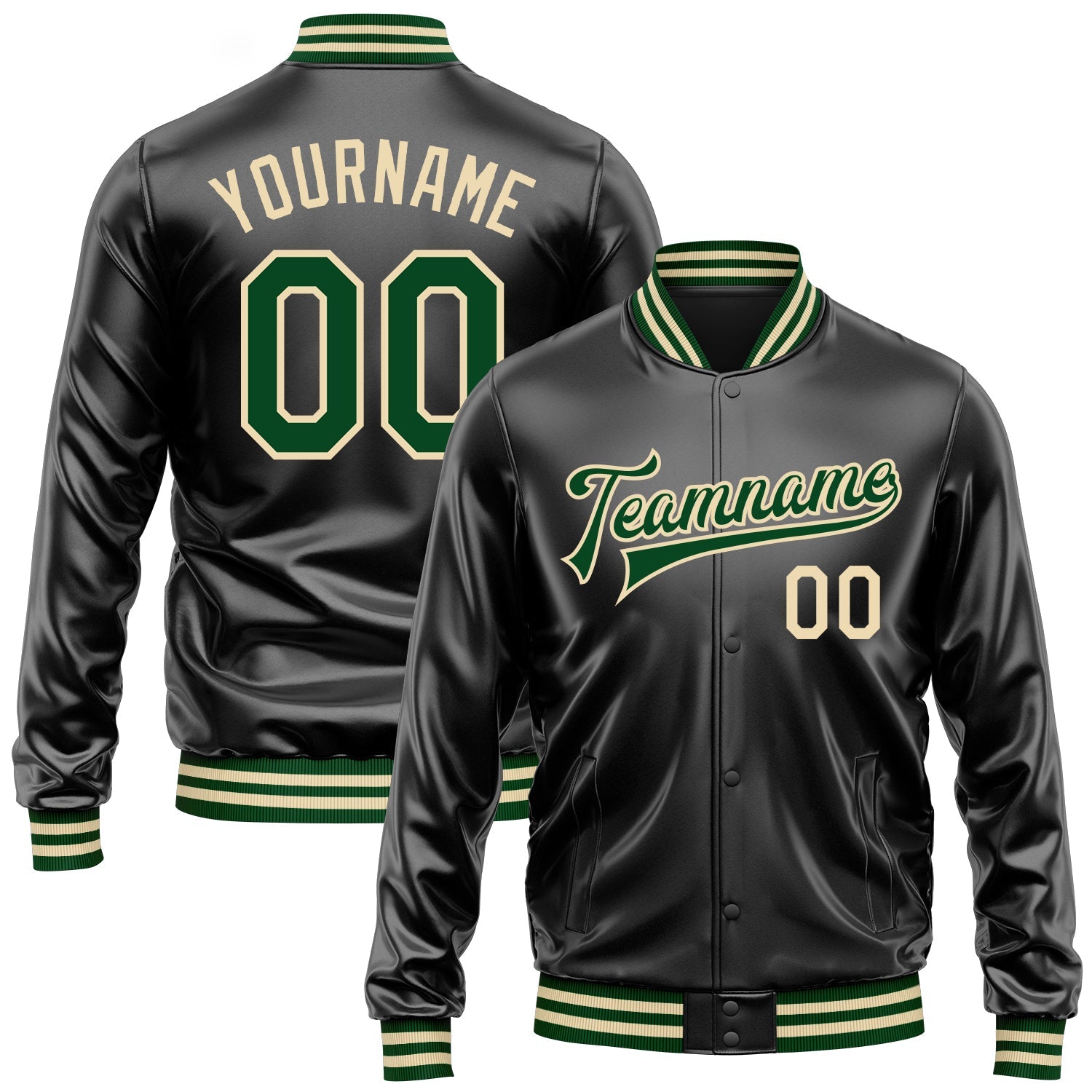 Custom Black Green-Cream Bomber Full-Snap Varsity Faux Leather Letterman Jacket - Main View