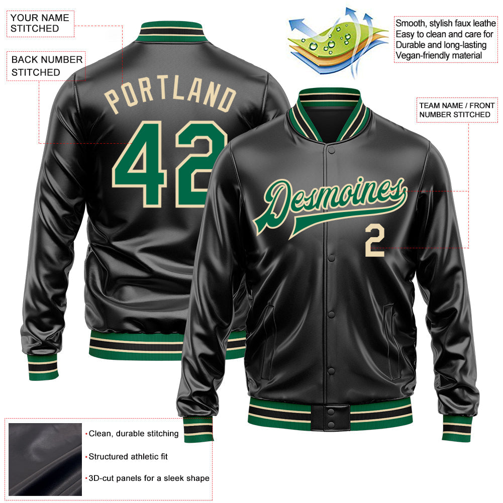 Custom Black Kelly Green-Cream Bomber Full-Snap Varsity Faux Leather Letterman Jacket view 2