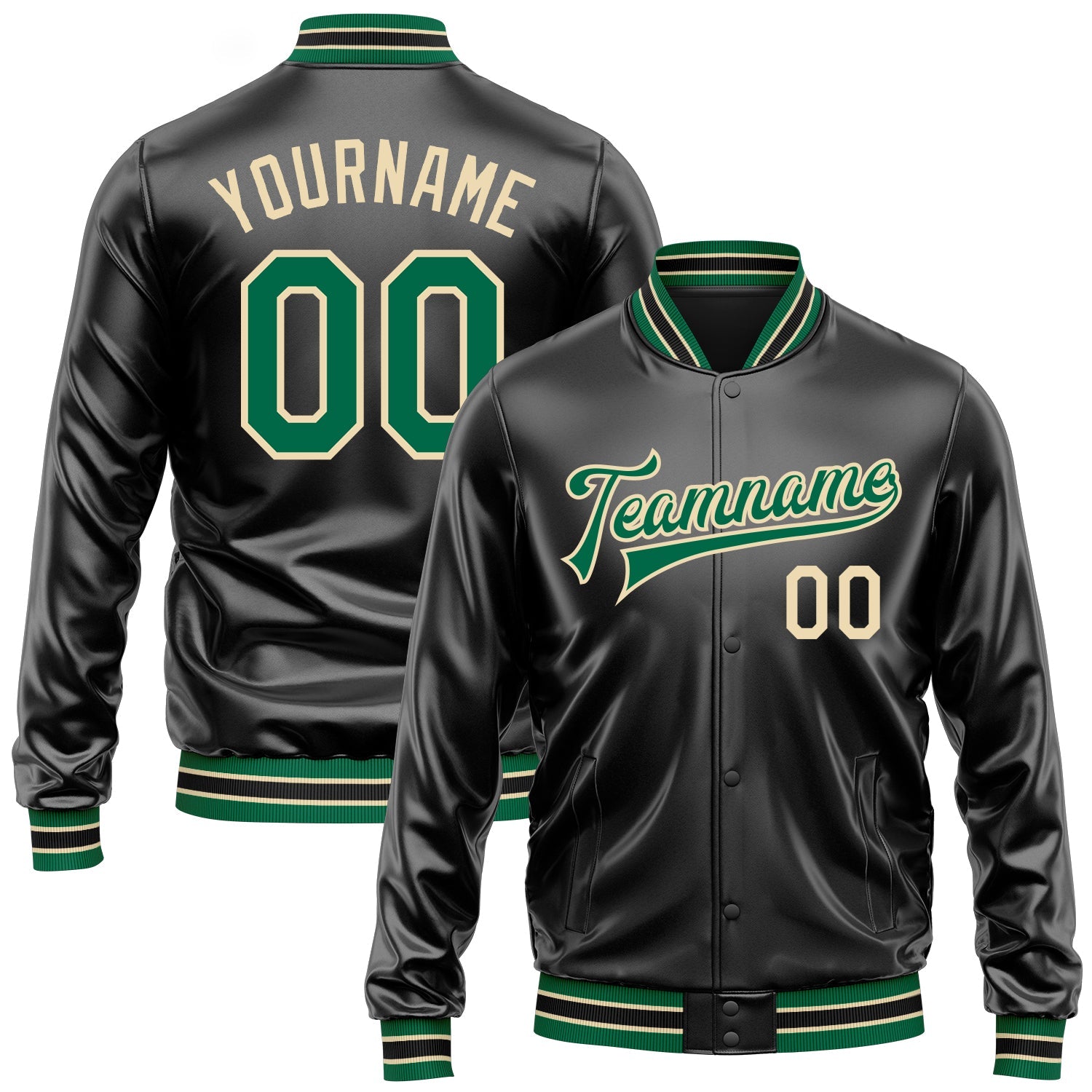 Custom Black Kelly Green-Cream Bomber Full-Snap Varsity Faux Leather Letterman Jacket - Main View