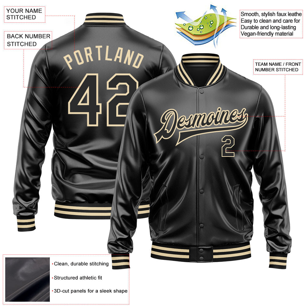 Custom Black Black-Cream Bomber Full-Snap Varsity Faux Leather Letterman Jacket view 2