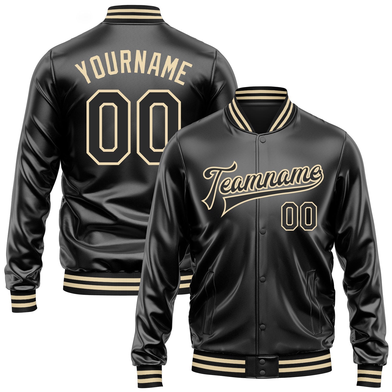 Custom Black Black-Cream Bomber Full-Snap Varsity Faux Leather Letterman Jacket - Main View