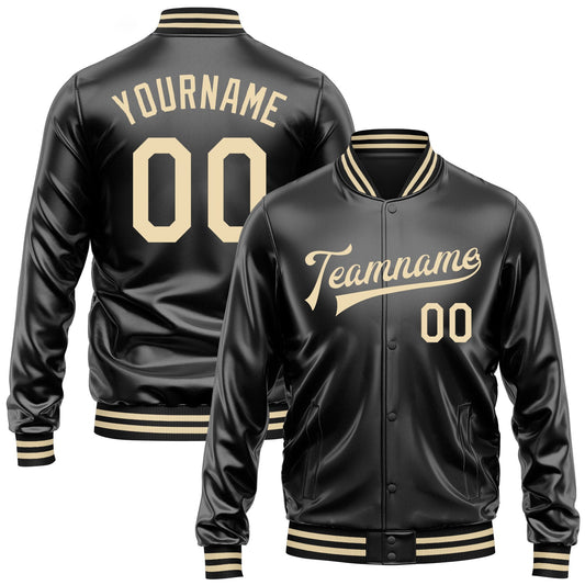 Custom Black Cream Bomber Full-Snap Varsity Faux Leather Letterman Jacket - Main View