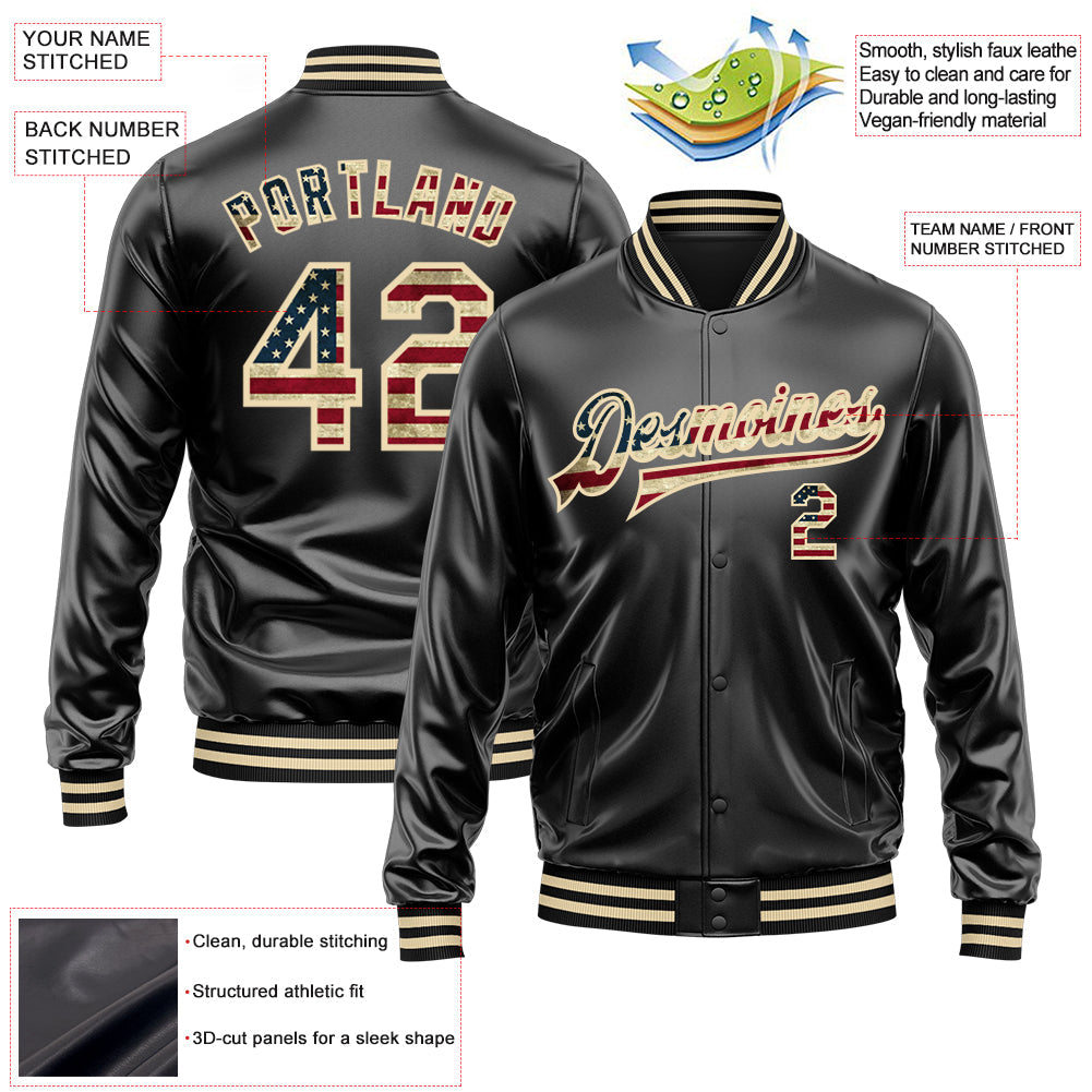 Custom Black Vintage USA Flag-Cream Bomber Full-Snap Varsity Faux Leather Letterman Jacket view 2