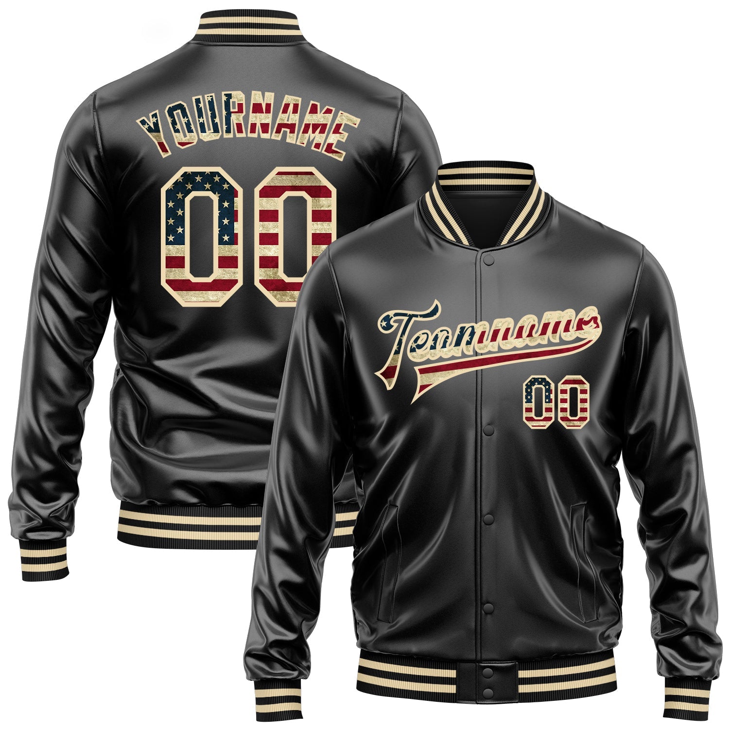 Custom Black Vintage USA Flag-Cream Bomber Full-Snap Varsity Faux Leather Letterman Jacket - Main View