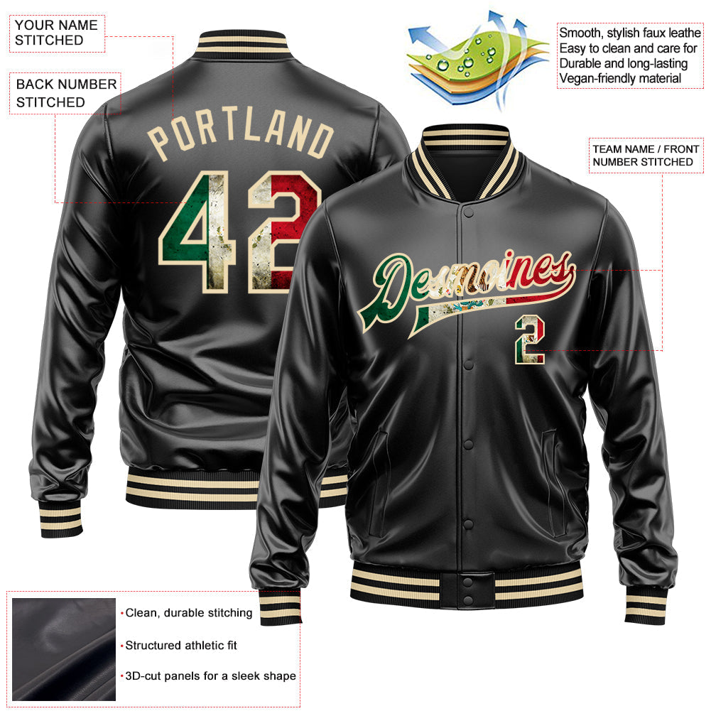 Custom Black Vintage Mexican Flag-Cream Bomber Full-Snap Varsity Faux Leather Letterman Jacket view 2