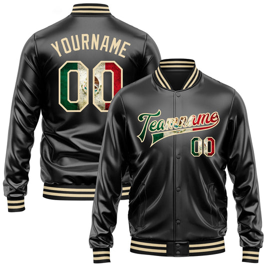 Custom Black Vintage Mexican Flag-Cream Bomber Full-Snap Varsity Faux Leather Letterman Jacket - Main View