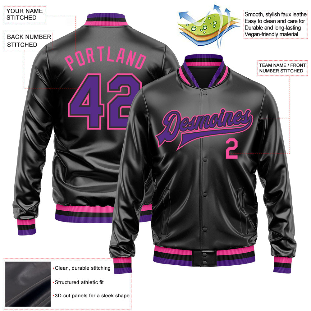 Custom Black Purple-Pink Bomber Full-Snap Varsity Faux Leather Letterman Jacket view 2