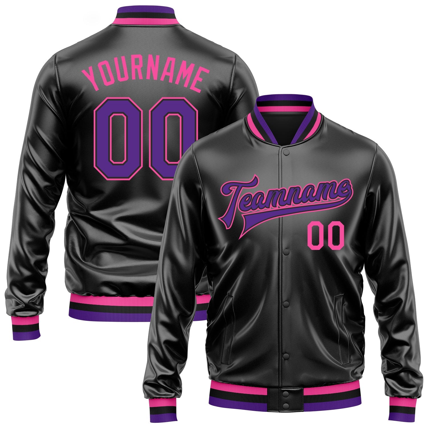 Custom Black Purple-Pink Bomber Full-Snap Varsity Faux Leather Letterman Jacket - Main View
