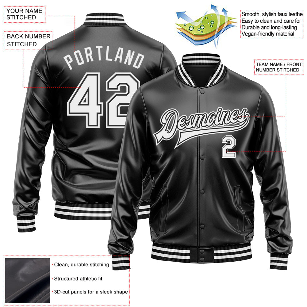 Custom Black White-Black Bomber Full-Snap Varsity Faux Leather Letterman Jacket view 2