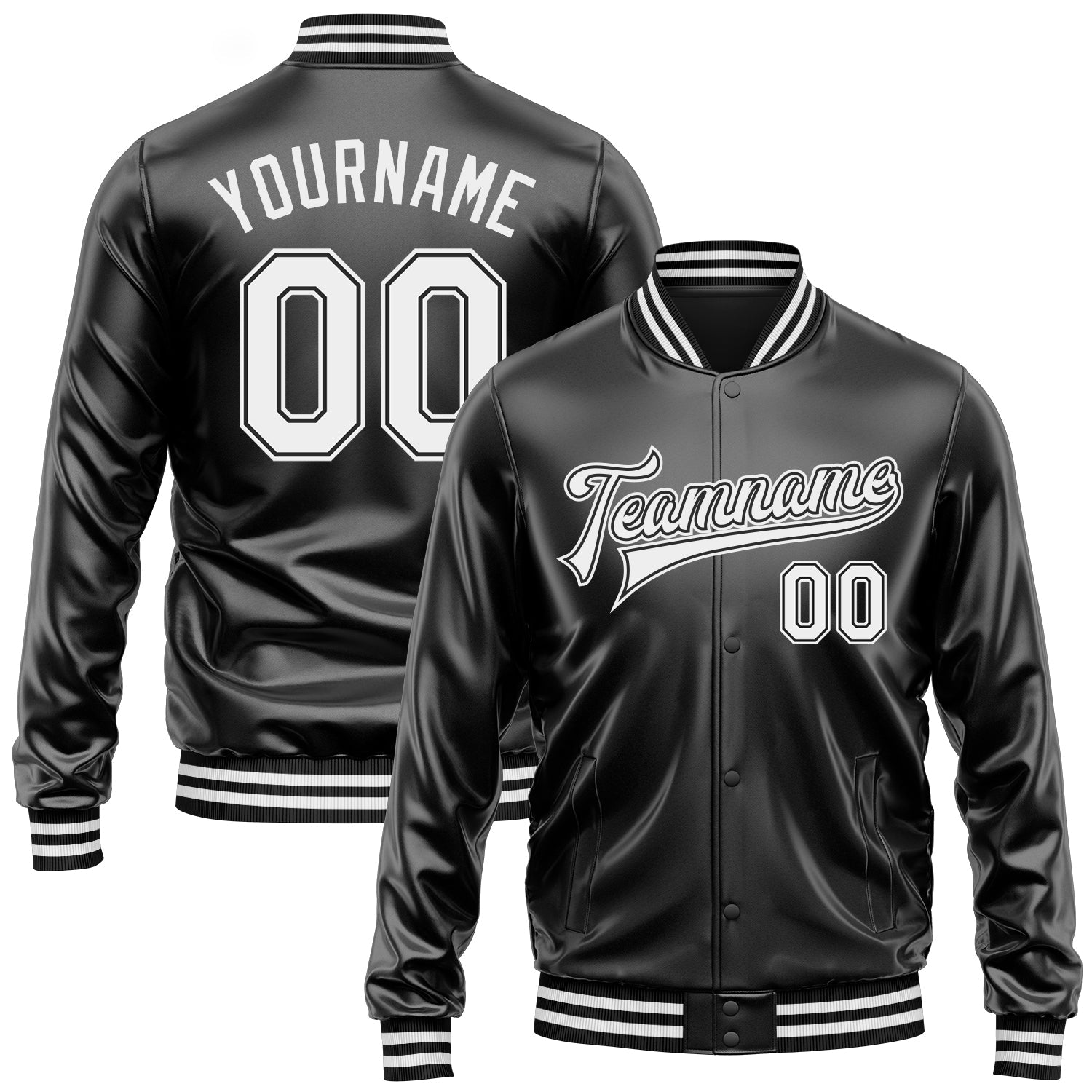 Custom Black White-Black Bomber Full-Snap Varsity Faux Leather Letterman Jacket - Main View